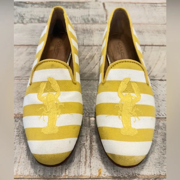 COACH UTOPIA EMBROIDERED LOBSTER YELLOW WHITE STRIPE LOAFER COQUETTE PREPPY 5B - Picture 6 of 11